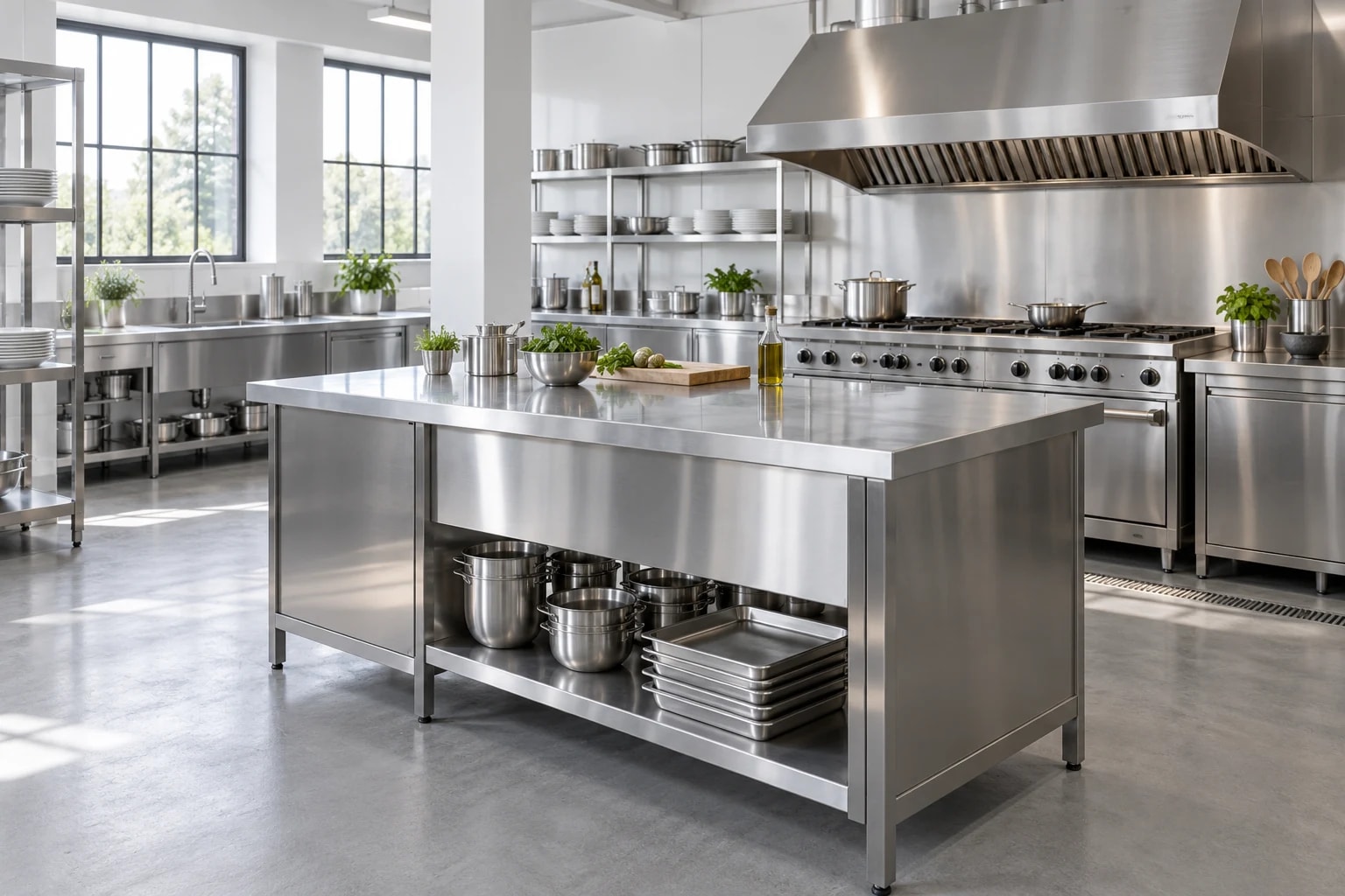Vue d’inspiration d’un espace de préparation professionnel équipé en inox