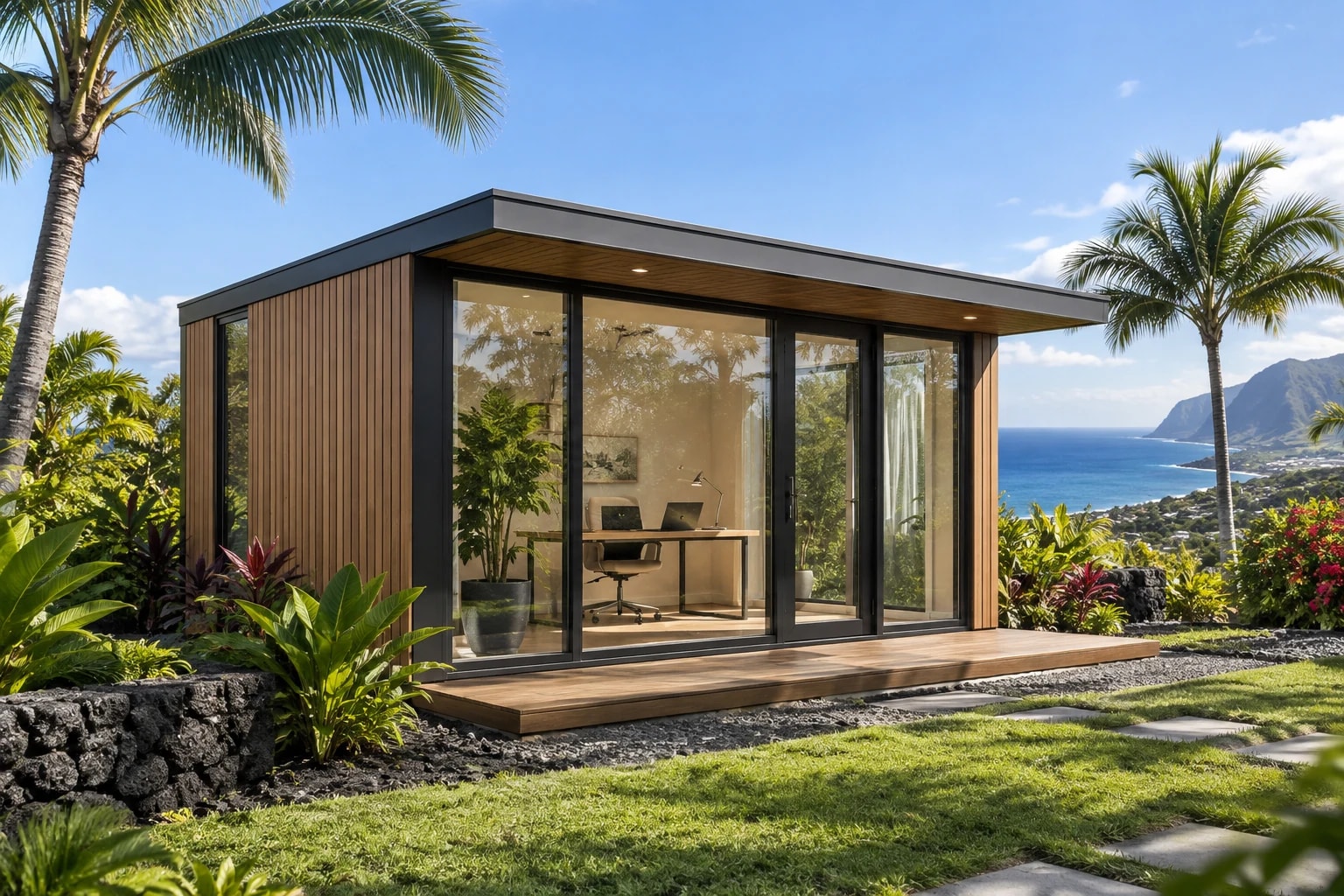 Vue d’inspiration d’un bureau modulaire vitré au milieu d’un jardin tropical