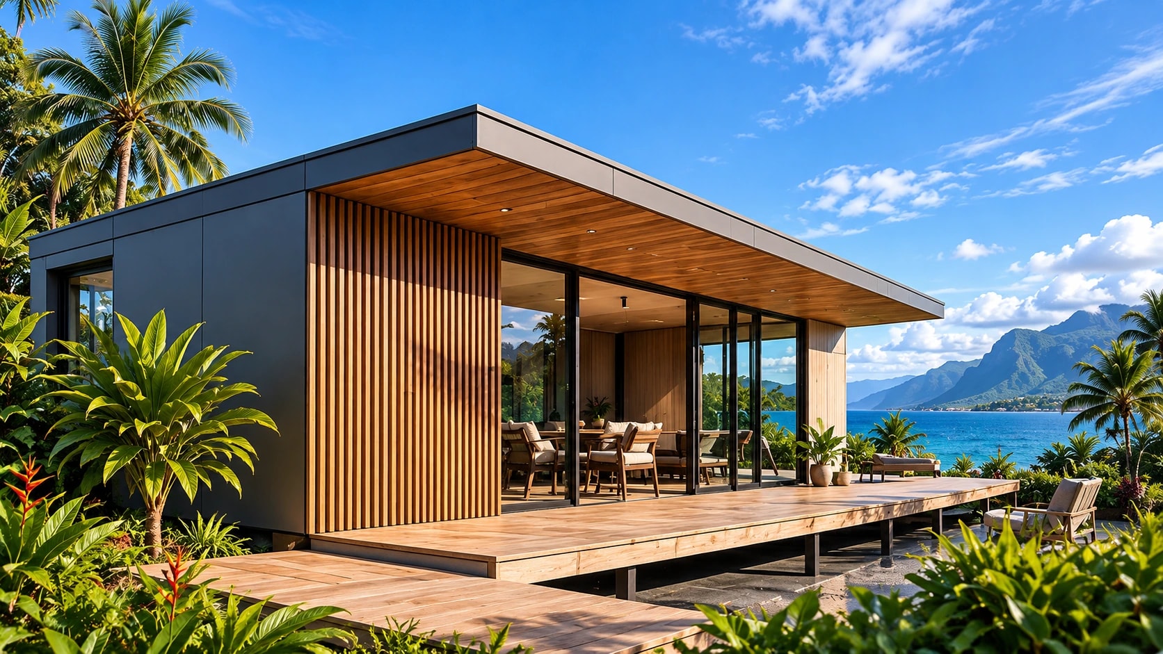 Habitat modulaire contemporain en bois, ouvert sur un paysage tropical