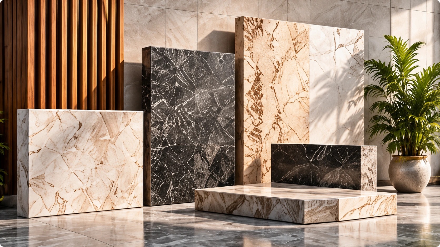 Sélection de pierres naturelles, de marbres et de finitions en bois dans un showroom