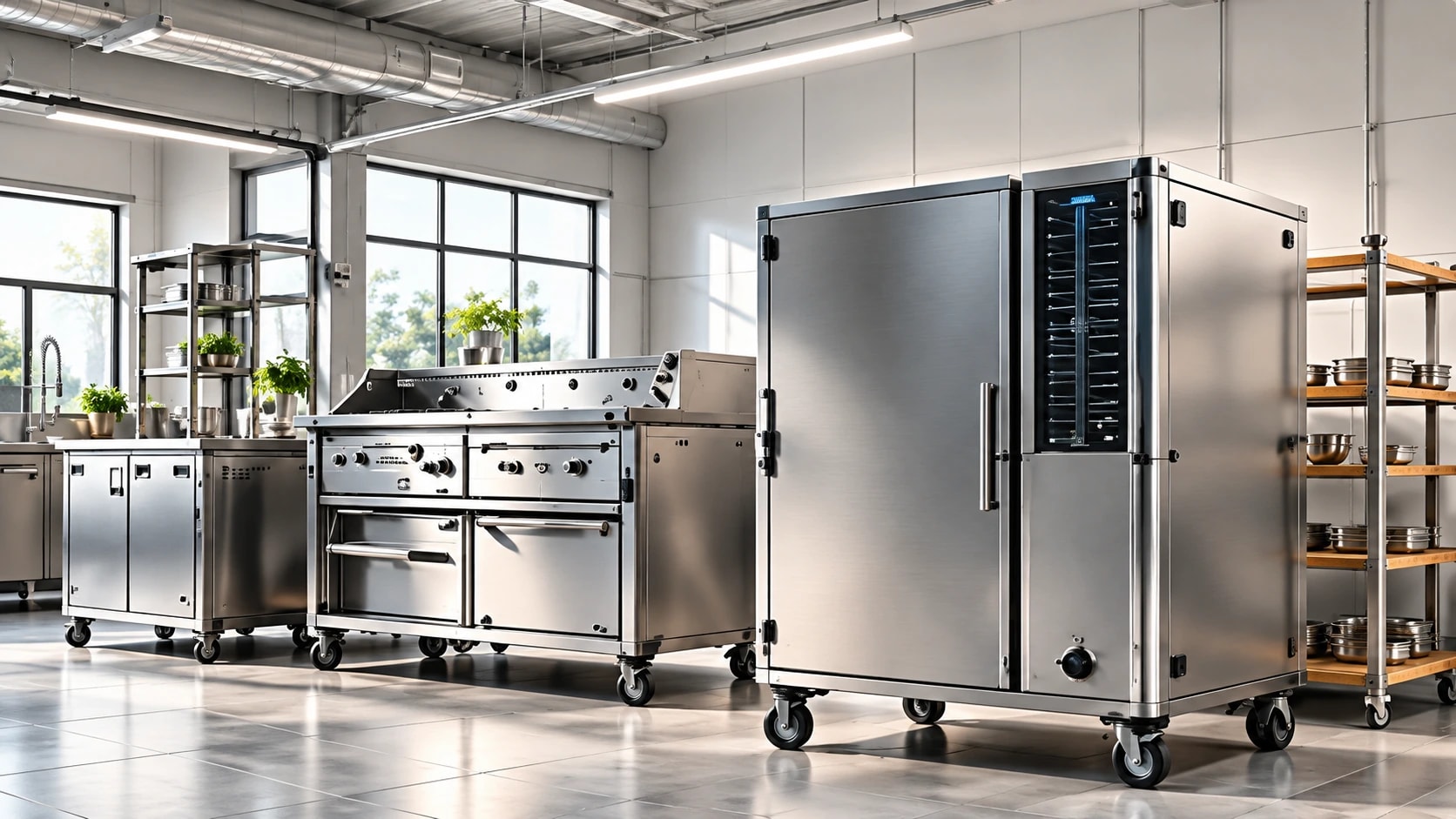 Cuisine professionnelle lumineuse équipée de fours et de plans de travail en inox