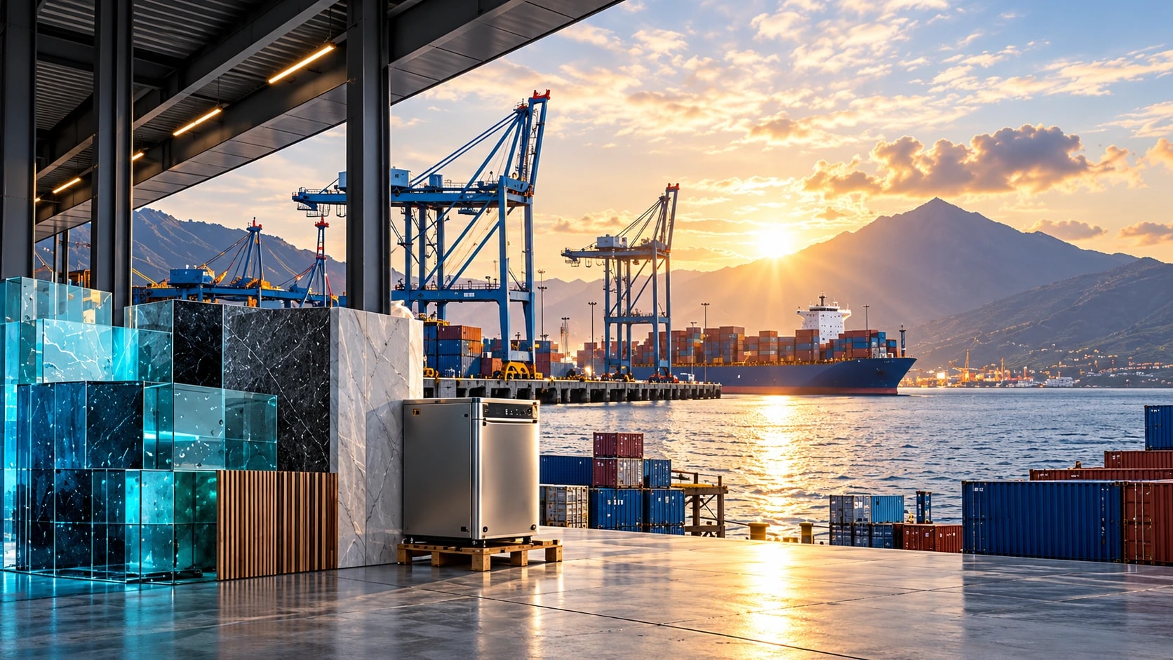 Un port au soleil levant, des matériaux et des équipements prêts à être distribués
